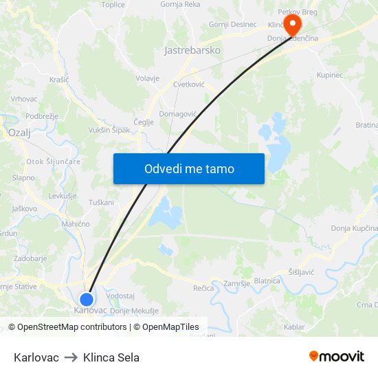 Karlovac to Klinca Sela map