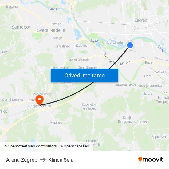 Arena Zagreb to Klinca Sela map