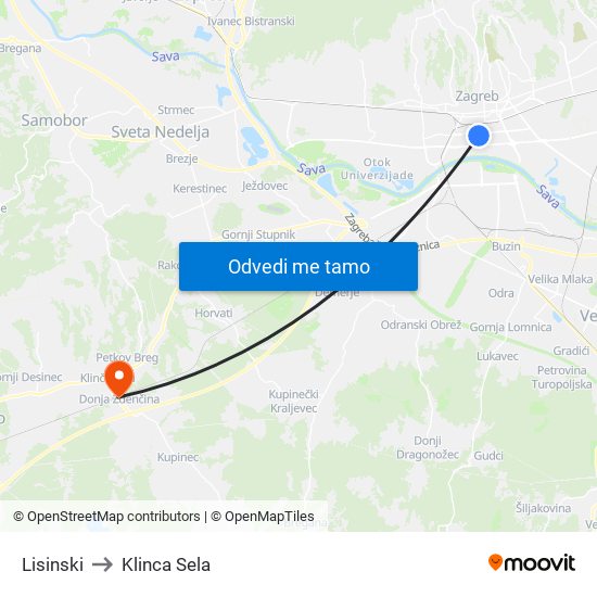 Lisinski to Klinca Sela map