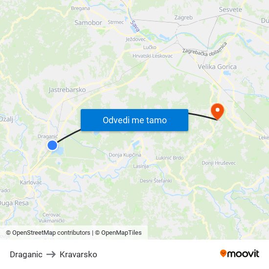 Draganic to Kravarsko map