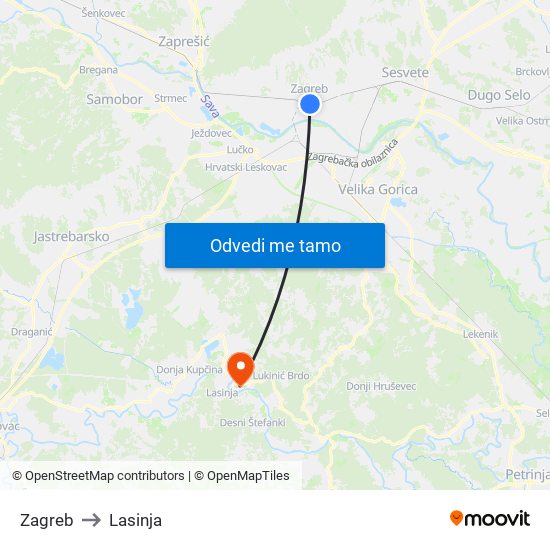 Zagreb to Lasinja map