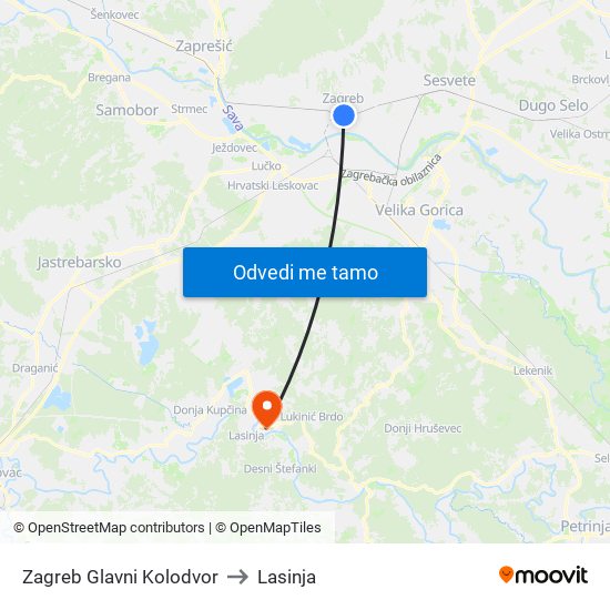 Zagreb Glavni Kolodvor to Lasinja map