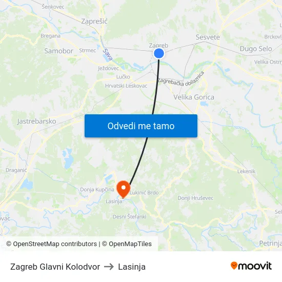 Zagreb Glavni Kolodvor to Lasinja map