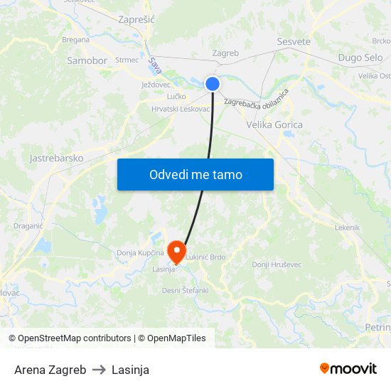 Arena Zagreb to Lasinja map