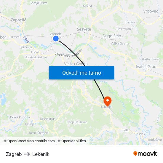 Zagreb to Lekenik map