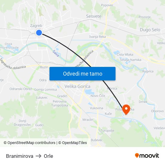 Branimirova to Orle map