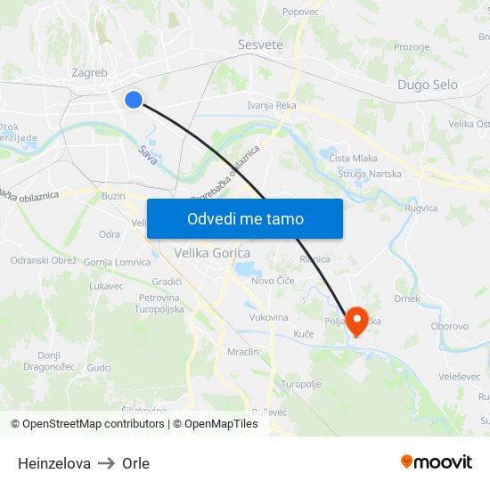 Heinzelova to Orle map
