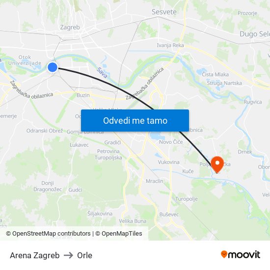 Arena Zagreb to Orle map