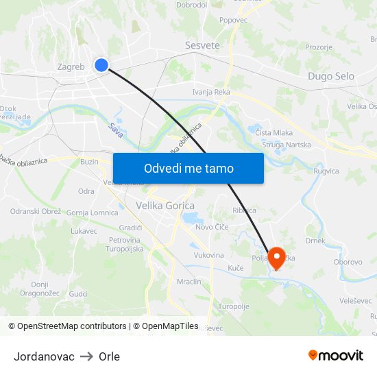 Jordanovac to Orle map
