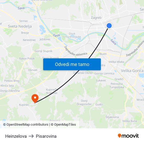 Heinzelova to Pisarovina map