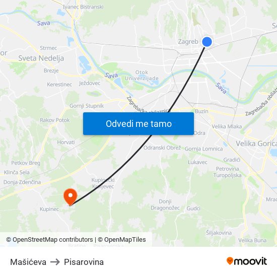 Mašićeva to Pisarovina map