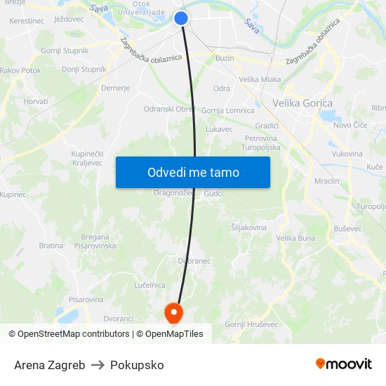 Arena Zagreb to Pokupsko map