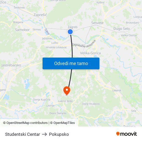 Studentski Centar to Pokupsko map