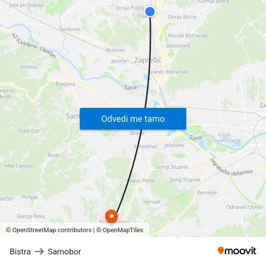 Bistra to Samobor map