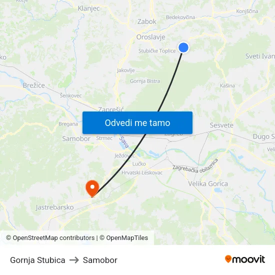 Gornja Stubica to Samobor map