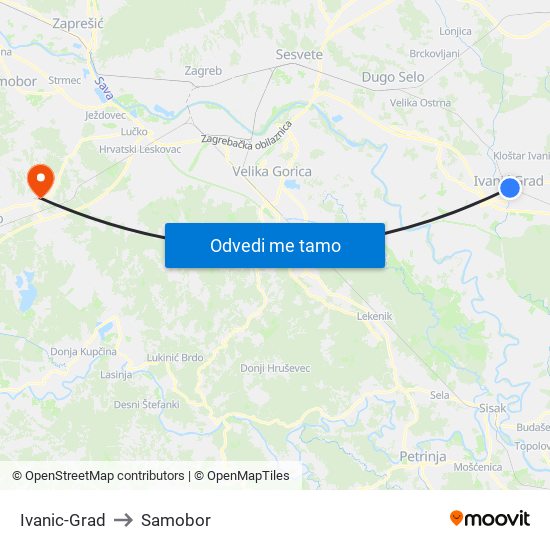 Ivanic-Grad to Samobor map