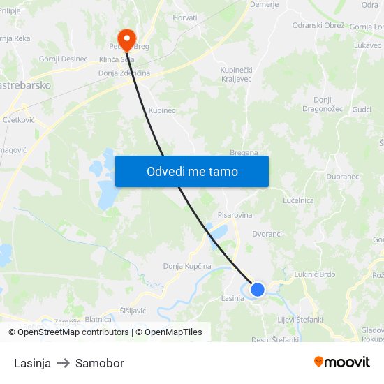 Lasinja to Samobor map