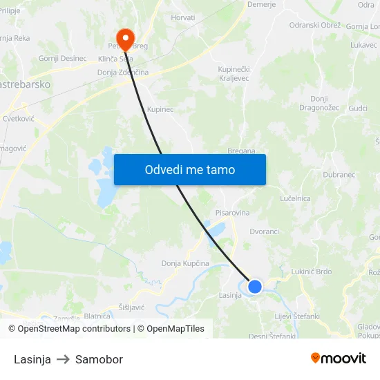 Lasinja to Samobor map