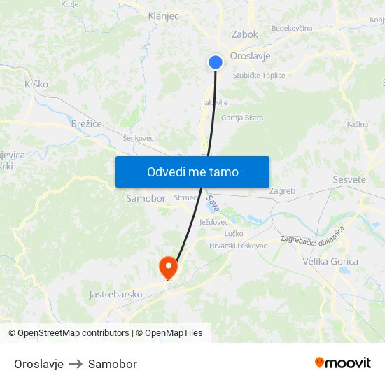 Oroslavje to Samobor map