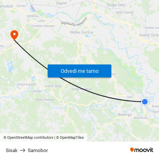 Sisak to Samobor map