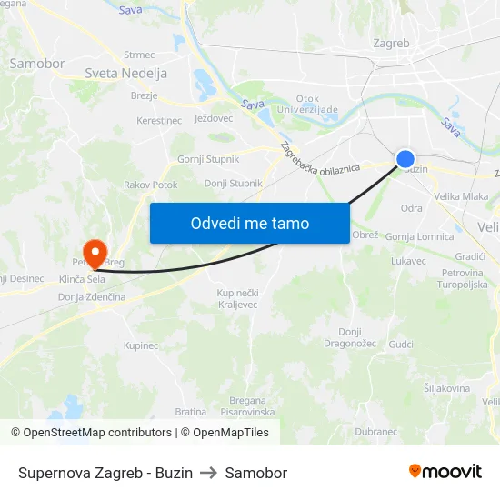 Supernova Zagreb - Buzin to Samobor map