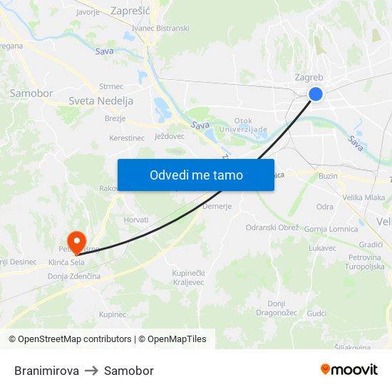 Branimirova to Samobor map