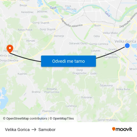 Velika Gorica to Samobor map