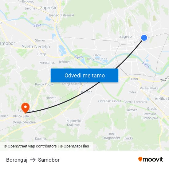 Borongaj to Samobor map