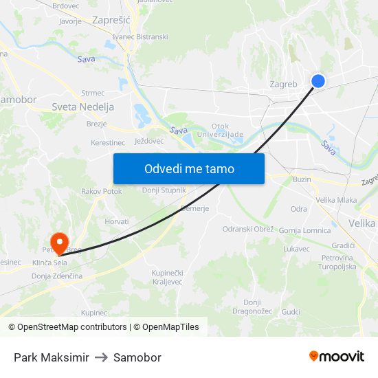 Park Maksimir to Samobor map