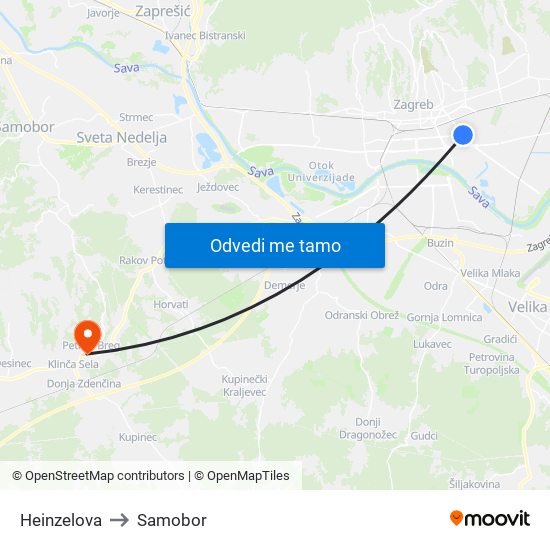 Heinzelova to Samobor map