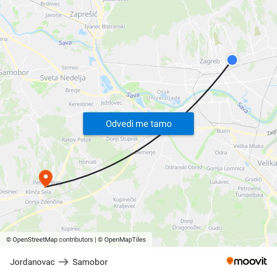 Jordanovac to Samobor map
