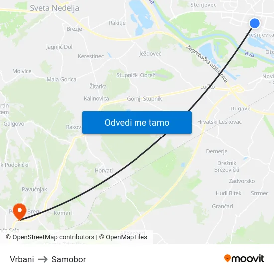 Vrbani to Samobor map