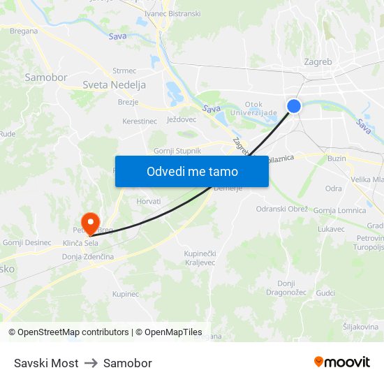 Savski Most to Samobor map