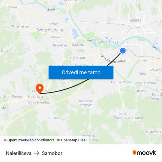 Naletilićeva to Samobor map