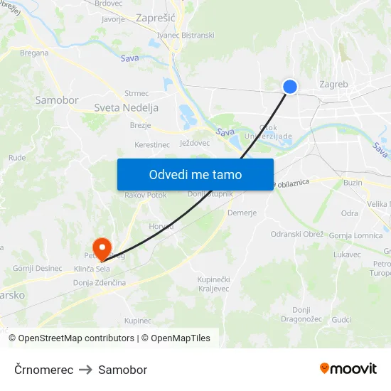 Črnomerec to Samobor map