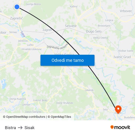 Bistra to Sisak map