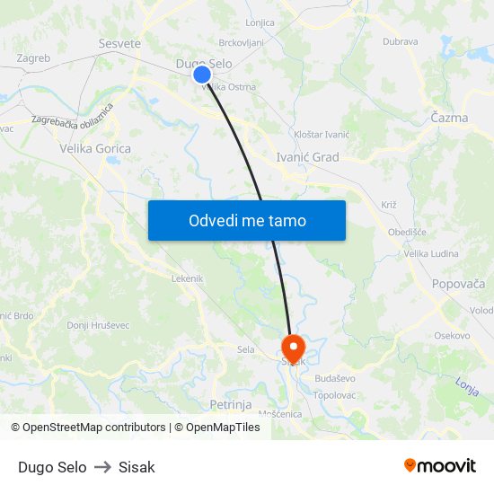 Dugo Selo to Sisak map