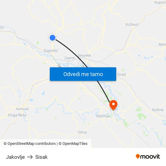 Jakovlje to Sisak map