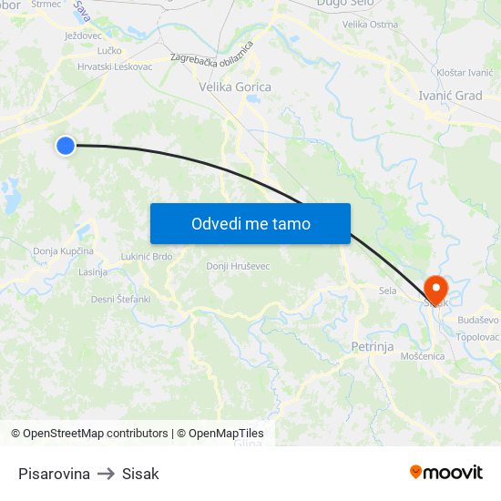 Pisarovina to Sisak map