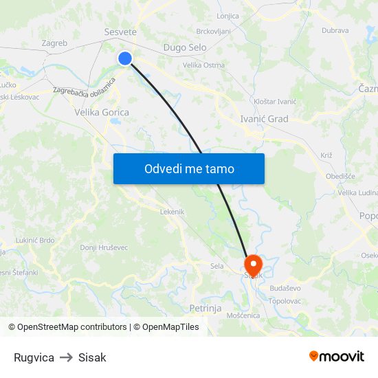 Rugvica to Sisak map