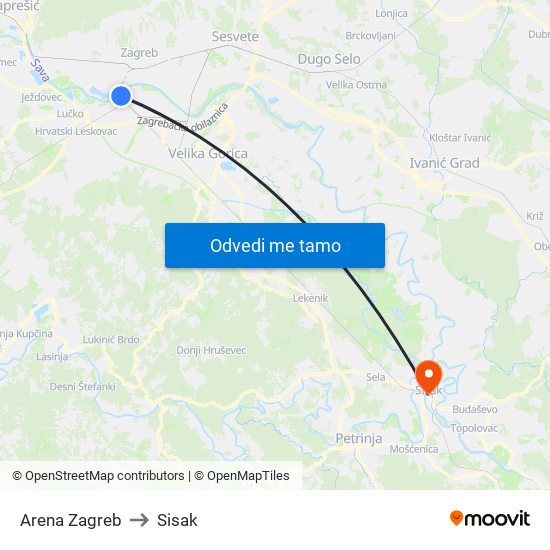 Arena Zagreb to Sisak map