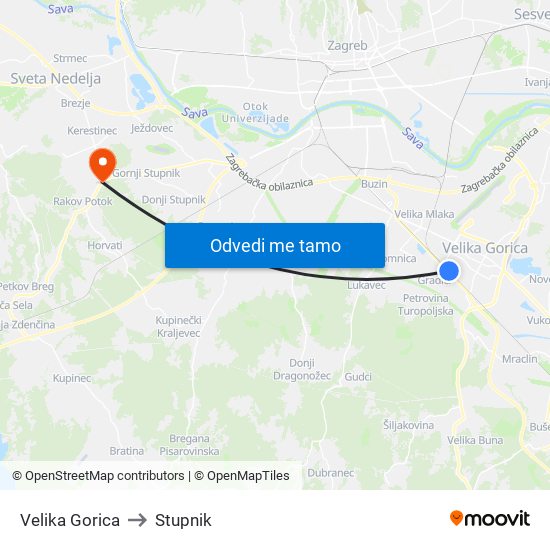 Velika Gorica to Stupnik map