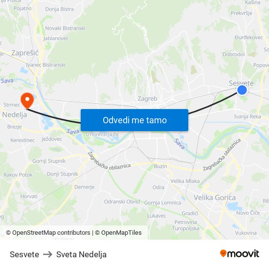Sesvete to Sveta Nedelja map