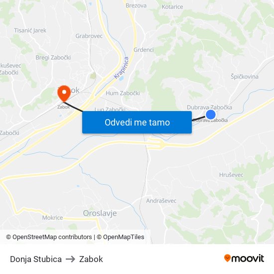 Donja Stubica to Zabok map