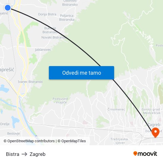 Bistra to Zagreb map