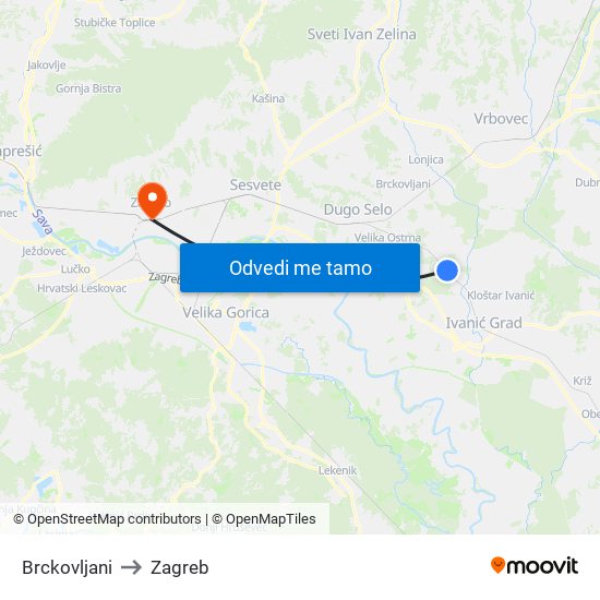 Brckovljani to Zagreb map