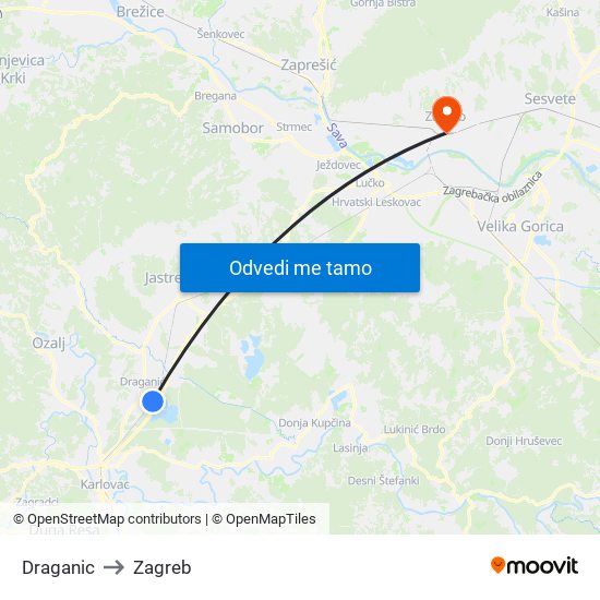 Draganic to Zagreb map