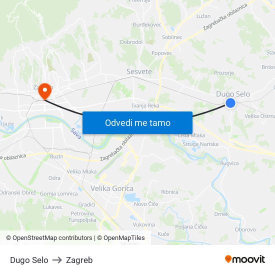 Dugo Selo to Zagreb map