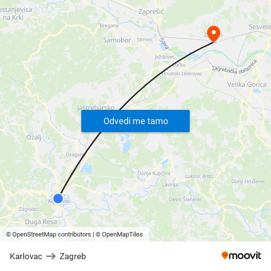 Karlovac to Zagreb map