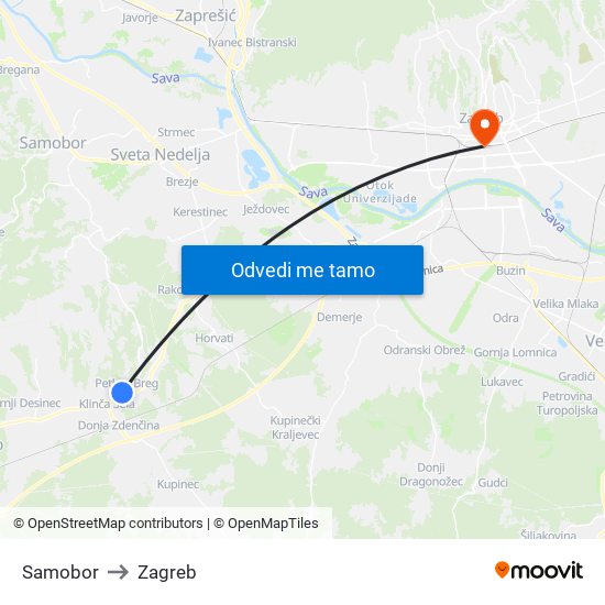 Samobor to Zagreb map